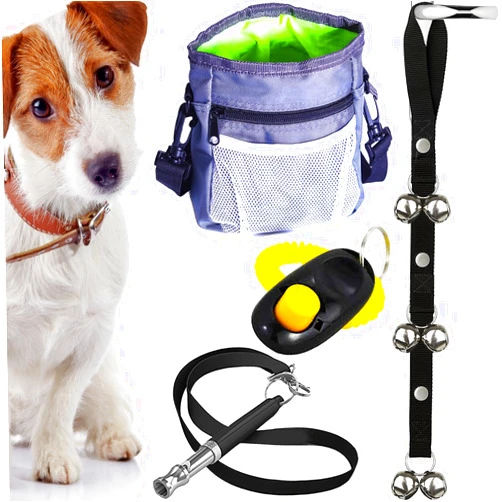 AMZpets Dog Training Set, Puppy Supplies Starter Kit with Dogs Clicker, Treat Pouch Bag, Housetraining Door Bells, Ultrasonic Whistle, for Teaching Pet Commands, Bark Control, and Potty Training