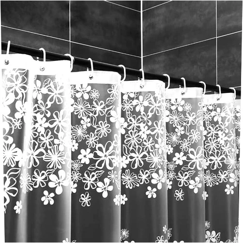 BRAWOLFY White Translucent Shower Curtain Floral Elegant Bathroom Waterproof EVA Shower Curtain with Hook (W 79