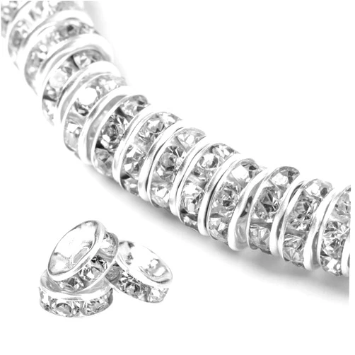 Weiyiziens 200Pcs 6mm Rondelle Spacer Beads Silver Plated Rhinestone Crystal Loose Beads for Necklaces Bracelets Jewelry Making