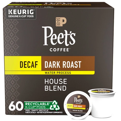 Peet's Coffee, Dark Roast Decaffeinated Coffee K-Cup Pods for Keurig Brewers - Decaf House Blend 60 Count (6 Boxes of 10 K-Cup Pods)