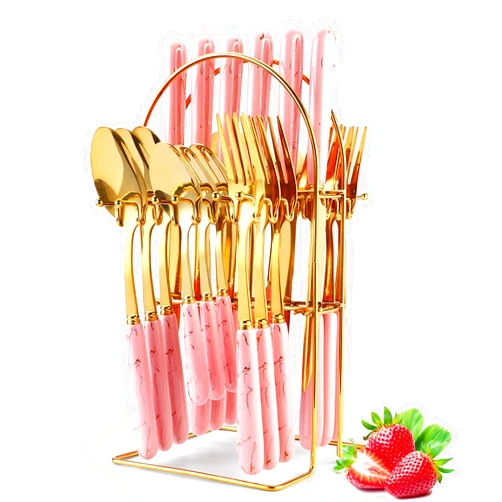 Caliamary Gold Silverware Set, Caliamary 24 Pieces Flatware Set with Silverware Holder, Stainless Steel Knives Forks Spoons Cutlery Set Service for 6, Kitchen Utensil Tableware Set with Pink Handle (Pink)