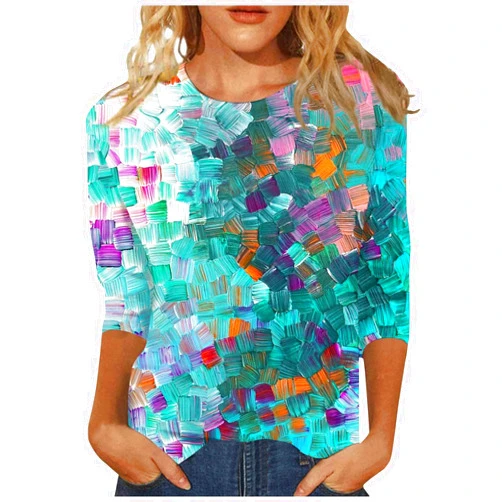 DOPOCQ 3/4 Sleeve Tops Summer Vintage Print Crewneck Cute Shirts Trendy Casual Three Guarter Length Tunic Blouses