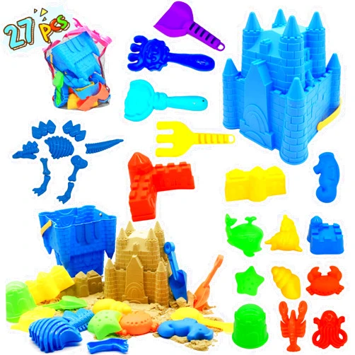 SupMLC Beach Sand Toys for Kids, 27 pcs Beach Toys Castle Molds Sand Molds, Beach Bucket, Beach Shovel Tool Kit, Sandbox Toys for Toddlers, Beach Accessories Outdoor Indoor Play Gift 1 Bonus Mesh Bag