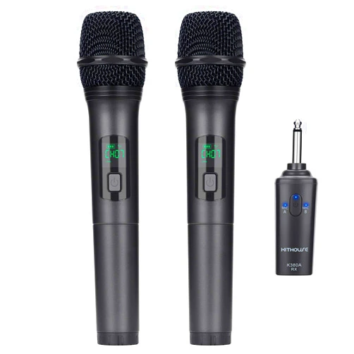 Kithouse K380A Wireless Microphone Karaoke Microphone Wireless Mic Dual with Rechargeable Bluetooth Receiver System Set - UHF Handheld Cordless Microphone for Singing Speech Church(Elegant Black)