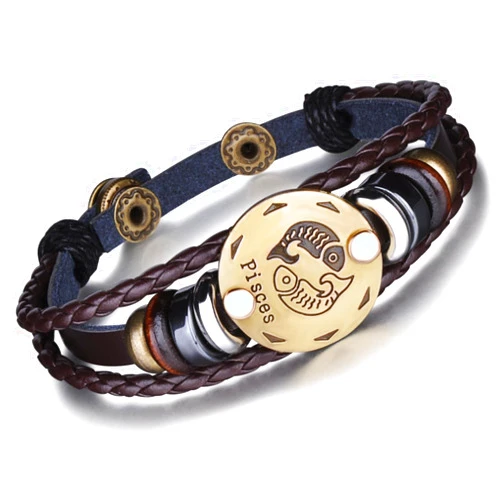 Infinite U Retro Punk Men's Women's 12 Constellation Zodiac Sign Bracelet Braided Leather Alloy Charm Bracelet Multilayer Wristband Bangle