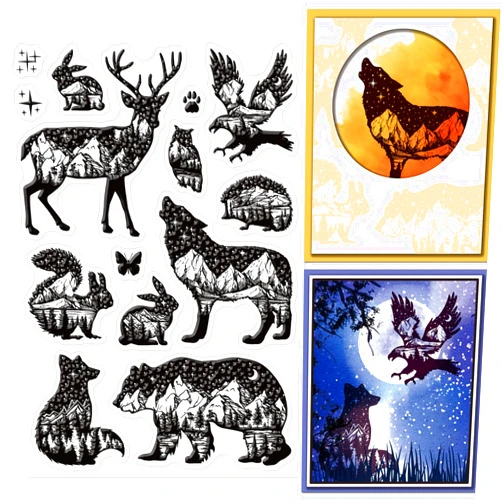 GLOBLELAND Animal Theme Silhouette Clear Stamps Brown Bears Rabbits Owls Hedgehogs Sika Deer Butterflies and Squirrels Silicone Clear Stamp Seals for DIY Scrapbooking Journals