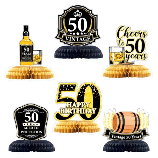 LQINBIBJ Whiskey 50th Birthday Honeycomb Centerpieces - 6Pcs Aged to 50th Perfection Birthday Decorations - Whisky Birthday Decorations for Men - Vintage 50th Birthday Party Supplies for Women