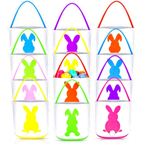 Jexine 12 Pcs Easter Bunny Basket Bags Bulk for Kids Gift Bucket Easter Eggs Hunt Basket with Handle Bunny Tote Bag Carry Bucket Rabbit Fluffy Tails Bags for Easter Party Decorations (Cute Style)