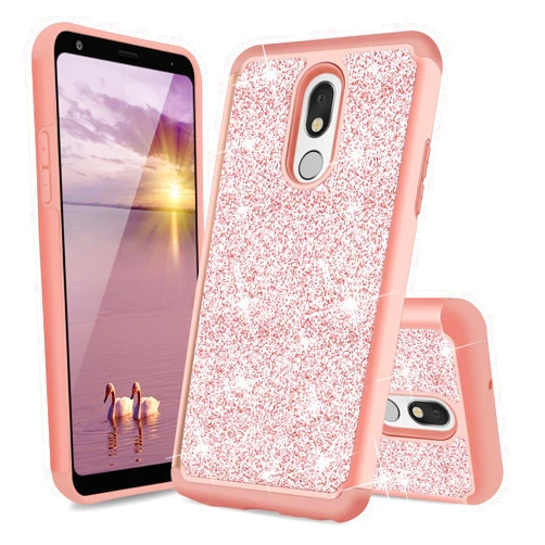 TJS Phone Case Compatible with LG Stylo 5/LG Stylo 5 Plus/LG Stylo 5V/LG Stylo 5X, Glitter Bling Cute Girls Women Design Dual Layer Hybrid (Rose Gold)