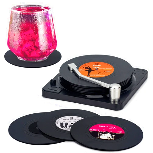 Valdivia Funny Retro Vinyl Record Coasters with Player, 6 Pcs Music Coasters for Drinks, Bars, Party, Birthday Gifts for Music Lovers, Home Decor Housewarming and White Elephant Gifts Ideas