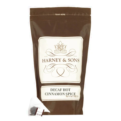 Harney & Sons Decaffeinated Hot Cinnamon - Ceylon Black Tea with Three Types of Cinnamon, Orange Peel and Sweet Cloves - 50 Count Sachet Bag