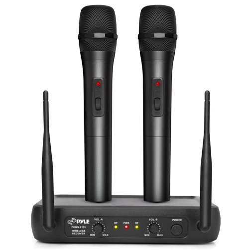 Pyle Channel Microphone System-VHF Fixed Dual Frequency Wireless Set with 2 Handheld Dynamic Transmitter Mics, Receiver Base-for PA, Karaoke, Dj Party (PDWM2135) , Black