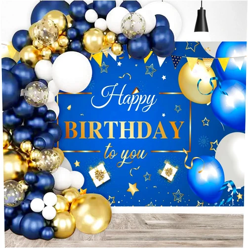 Ledander 55 Pieces Birthday Decorations for Boys Blue Gold Balloons Garland Arch Kit with Happy Birthday Photography Backdrop Banner, Birthday Party Decoration Supplies for Men Women (Blue Gold)