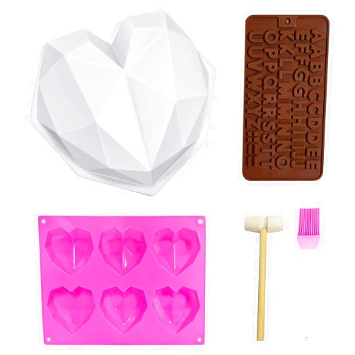 ONEUPING Silicone Chocolate Molds Set, Letter Chocolate Mold Heart Shaped Mould, Breakable Heart Mold Silicone Baking Pan Mold with Wooden Hammer for DIY Baking, for Cake, Fondant, Ice Cream, Jelly