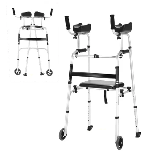 Goplus Folding Walker for Seniors, Lightweight Standard Walker with 5’’ Wheels, Seat and Arm Rest Pad, Height Adjustable Platform Walker, Standing & Walking Mobility Aid for Elderly Handicap Disabled