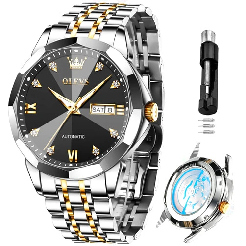 OLEVS Automatic Watches for Men Business Dress Watch Mechanical Stainless Steel Waterproof Self Winding Classic Date Luxury Diamond Men Wrist Watch