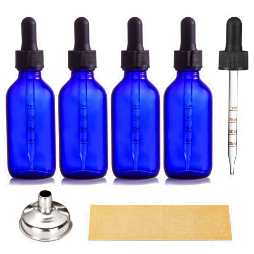 AOZITA 4 Pack 2 oz Glass Dropper Bottles with Measured Dropper - 60ml Dark Blue Tincture Bottles with Graduated Calibrated Glass Eye Droppers (1ml) for Essential Oils, Liquids - Leakproof Travel Bottles