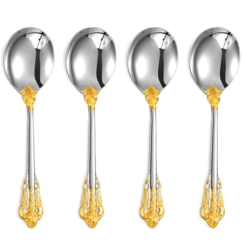 KEAWELL Gorgeous Round Soup Spoon, Set of 4, 18/10 Stainless Steel, Luxury Bouillon Spoon, Dishwasher Safe, Fine Mirror Polished (Gold Accent)