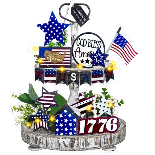 Razulugg 21 Pcs 4th of July Tiered Tray Decor Rustic Patriotic Independence Day Decoration Patriotic Tiered Tray Wooden Decoration Set for 4th of July Memorial Day Labor Independence