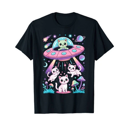 Kawaii Kitty Alien Spaceship Style Cute Alien Cat UFO with Space Kittens Pastel Aesthetic T-Shirt