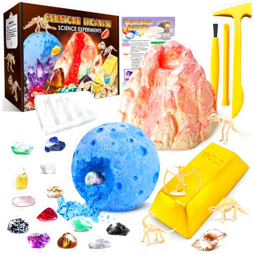UNGLINGA Gemstone Excavation Gem Rock Dig Science Experiments Kit for Kids, Excavate 15 Gems and 4 Plastic Dinosaur Fossil Skeletons, Christmas Birthday Toys Gifts Idea for Girls and Boys