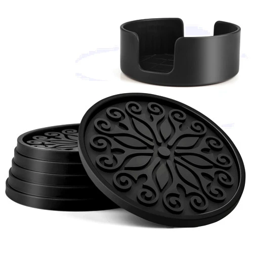 QUSUM Coasters for Drinks,Silicone with Holder,Set of 6 - Great Gift Birthday, Housewarming, Room Decor, Bar, Holiday Party (Black)