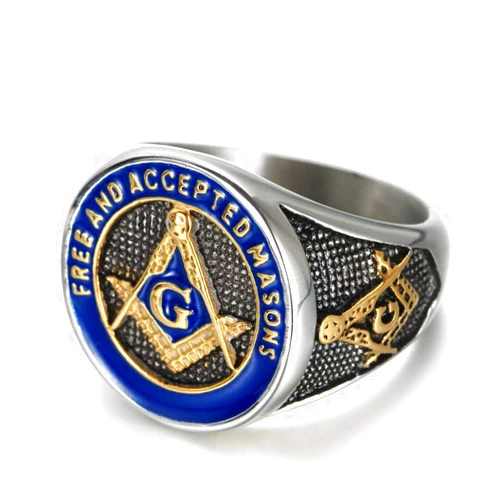 IFUAQZ Men's Stainless Steel Masonic Freemason Rings Gold Blue Free and Accepted Masons Symbol Signet Band