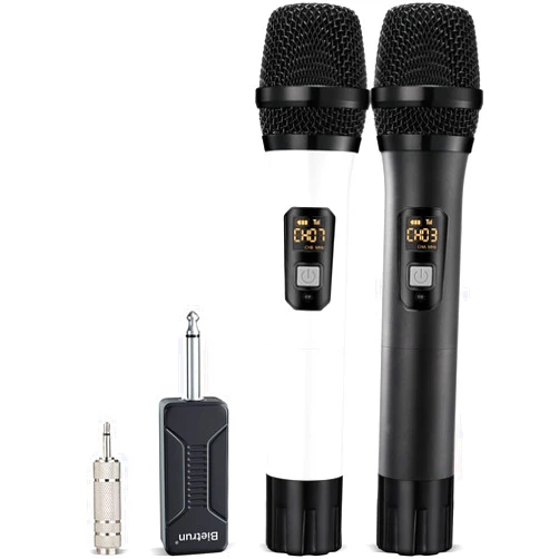 Bietrun Wireless Microphone, Bietrun UHF Metal Dual Handheld Cordless Dynamic Mic System with Rechargeable Receiver, 1/4‘’Output, for Karaoke, Church, Speech, Wedding, Party Singing(160 ft Range)-Auto Connect