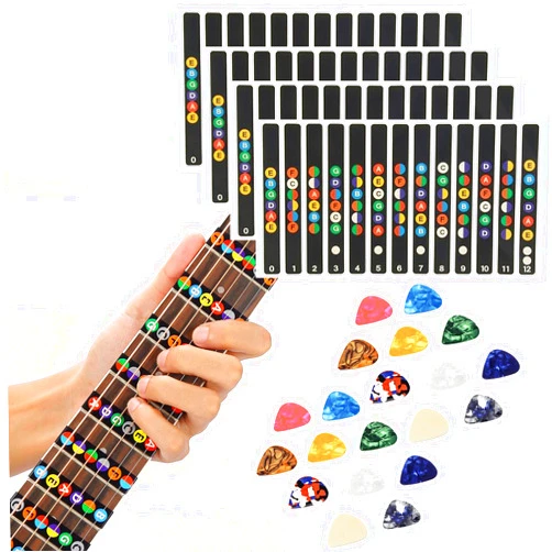 HIZEMLK 4 Sheets Guitar Fretboard Stickers, Color Coded Note Decals Frets Map, Guitar Learning Tools Set, Guitar Practice Fretboard Tabs, Guitar Notes for Beginner Learner with 20PCS Guitar Picks