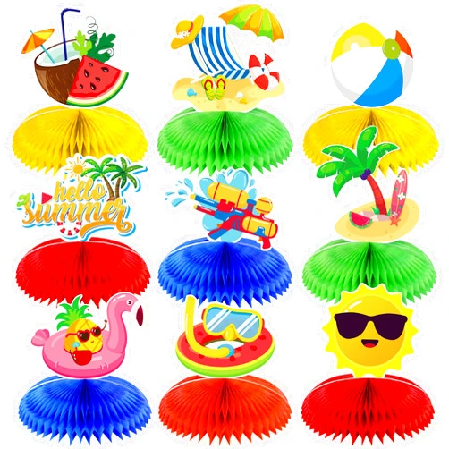 Runloon 9 Pieces Summer Honeycomb Centerpieces Summer Table Decorations, Summer Centerpieces for Tables Hello Summer Beach Honeycomb Centerpieces for Summer Birthday Pool Beach Party Decorations