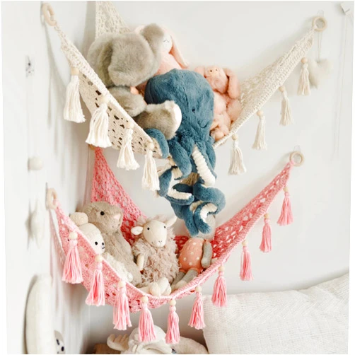 Sasa Baby and Toddler Macrame Toy Hammock for Stuffed Animals - Bundle Toy Hammock for Baby Boy & Girl Nursery Room Decor, Stuffy Hammock, Hanging Stuffed Animal Organizer, Buttercream & Sweet Pink