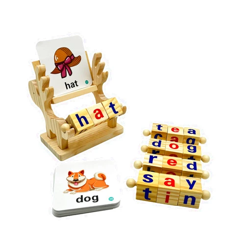 JAQI Wooden Reading Blocks Short Vowel Rods Spelling Games , Flash Cards Turning Rotating Matching Letters Deer Toy for Kids, Montessori Spinning Alphabet Educational Learning Preschool Boys Girls
