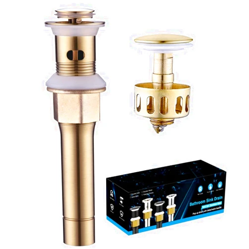 Besfocet Bathroom Sink Drain with Overflow, Brushed Gold Sink Drain for Bathroom Sink, Universal Stainless Steel Gold Sink Drain, Pop Up Drain Stopper with Detachable Basket