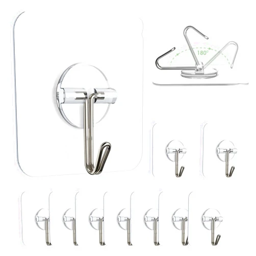 Lomrsiul Adhesive Wall Hooks for Hanging, Clear Removable Sticky Hooks 13 lb Stainless Steel Self Adhesive Hooks Waterproof Ceiling Hooks for Shower Window Kitchen Cabinet Wardrobe 10 Pack