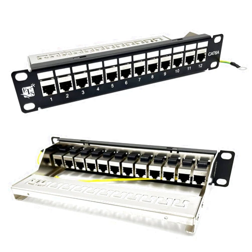 ETS 12 Port Patch Panel Cat6A Inline Keystone, Feedthrough Coupler Patch Panel 10-Inch with Cable Support, Fully Loaded Pass Through Jacks, 1U Network Patch Panel Compatible Cat7, Cat6, Cat6A, Cat5e
