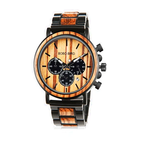 BOBO BIRD Wooden Mens Watches Wood & Stainless Steel Combined Chronograph Military Quartz Casual Wristwatches