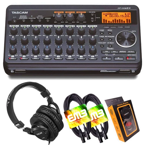 Tascam DP-008EX 8-Track Digital Pocketstudio Multi-Track Audio Recorder with Pro Headphone and Pair of EMB XLR Cables and Gravity Magnet Phone Holder Bundle