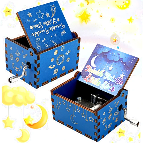 Amaxiu Hand Crank Music Box- Twinkle Twinkle Little Star Wooden Music Box Vintage Engraved Hand-Operated Musical Box Mini Music Box Playing Melody Birthday Gifts for Family Friend Lover