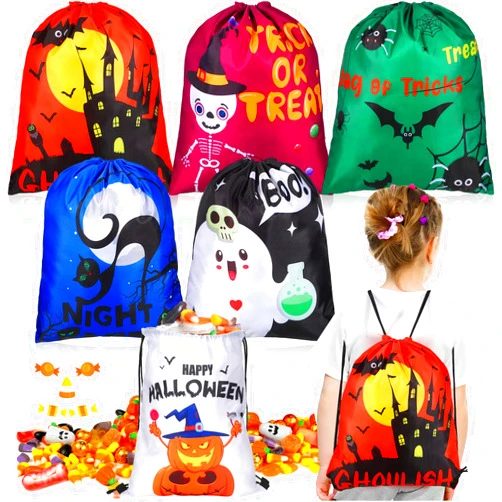 Sanwuta 6 Pcs Halloween Drawstring Bag Trick or Treat Gift Bags Large Ghost Pumpkin Theme Backpacks Candy Goodie Bags for Kids Halloween Party Favors Supplies, 6 Styles
