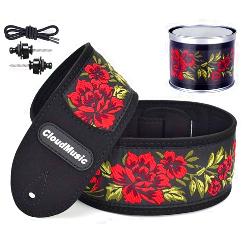 CLOUDMUSIC Vegan Guitar Strap Micro Fiber Leather Vegan Leather With Vintage Embroidered Pattern Strap Locks Free (Red Roses)