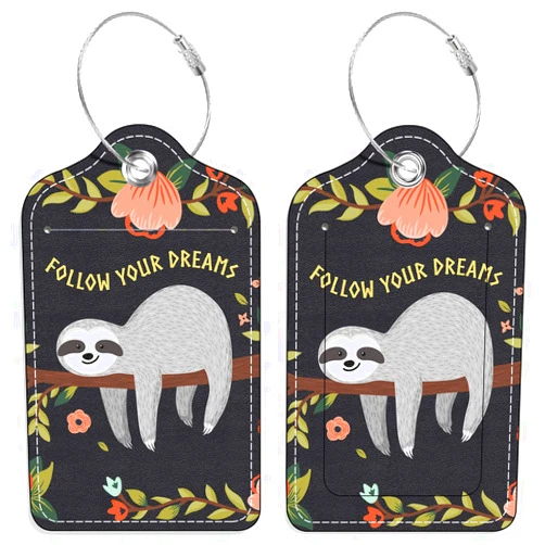 BILLTEFUL Luggage Tags, (Set of 2) PU Leather Suitcase Tags, Identifiers Privacy Cover ID Label with Stainless Steel Loop and Address Card for Travel Bag Suitcase (L-Baby Sloth)