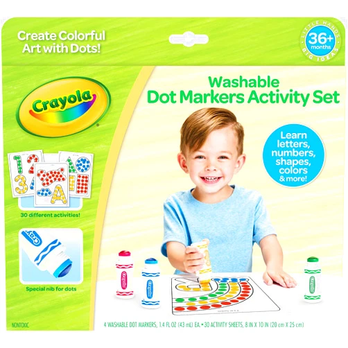 Crayola Washable Dot Markers Activity Set, 30 Toddler Coloring Pages & 4 Washable Markers, Dot Paints for Toddlers, Toddler Gifts, Ages 3+