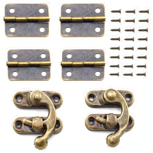 SDTC Tech Retro Design Jewelry Box Antique Right Latch Hook and Vintage Bronze Hinge with Matching Screws Kit for Decorative Cabinet Small Wooden Box Project (2X Hasp Catch + 4X Hinges)