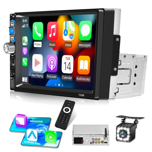 Hikity Car Stereo Single Din Wireless CarPlay Android Auto, 7 Inch HD Touchscreen Car Radio with Backup Camera Bluetooth Car Audio Receivers Mirror Link FM USB AUX TF