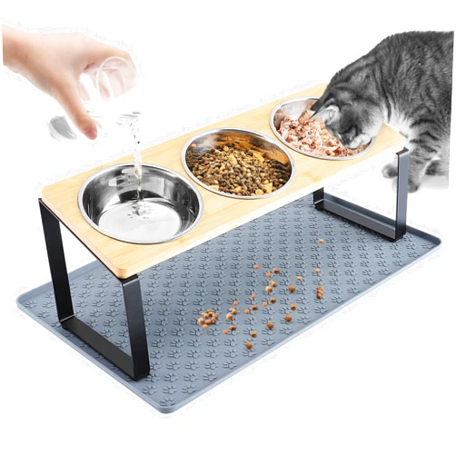 MEWTOGO 15° Tilted Elevated Cat Bowls - Raised Cat Bowls Stand with Silicone Food Mat & 3 Stainless Steel Cat Dishes for Food and Water, Anti-Vomiting for Indoor Cats and Small Pets