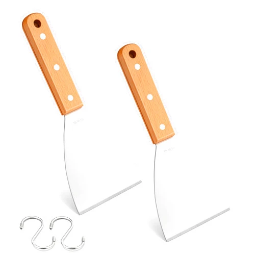 Leonyo Grill Griddle Scraper Set of 2, Leonyo Stainless Steel Metal Flat Top Grill Scraper for Dough Pancake Pizza Teppanyaki BBQ Home Baking Cooking, Slant Edge & Dishwasher Safe