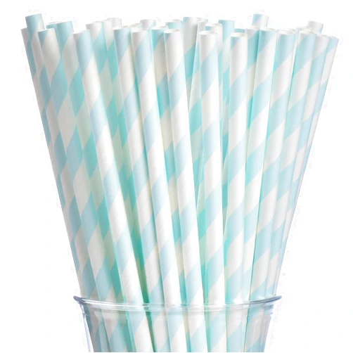 ALINK 100 Light Baby Blue and White Striped Paper Straws, Biodegradable Disposable Drinking Straws for Baby Shower, Brithday, New Year, Party Decoration Supplies