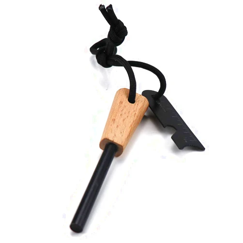 Scoutdoors Survival Emergency Fire Starter - Wood Handle Ferro Rod with Paracord Lanyard & Striker with Bottle Opener and Ruler- Campfire, Camping, Hiking, Outdoor, Bugout, Safety Kit