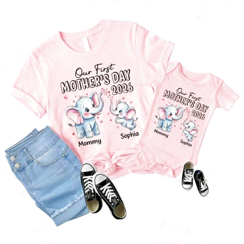 DILYPOD Personalized Our First Mother's Day Shirts, Custom Mommy and Me Names Matching Shirts, New Mom Gifts Mothers Day