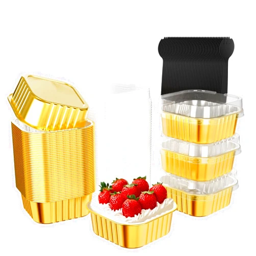 Ksmxos 40 Pack Square Mini Cake Pans with Lids,Mini Loaf Pans with Lids,Disposable Ramekins Cupcake Cups,Aluminum Foil Baking Cups,Muffin Tins,Dessert Cups for Wedding Birthday Party Picnics,10oz (Gold)